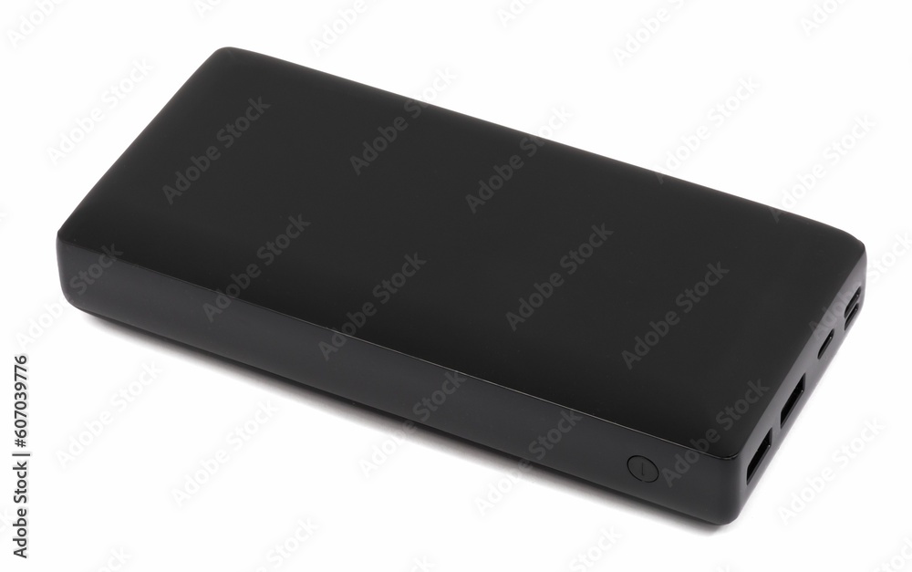 Closeup shot of a big powerbank on the white background Closeup shot of a big powerbank on the white background