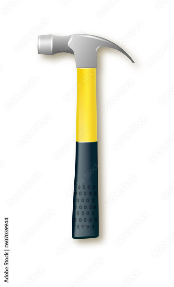 Hammer with a rubberized yellow handle. Hammer and nail puller, two in one. Vector industrial workers tool. Equipment for repair, contract and locksmith work. Vector Hammer with a rubberized yellow handle. Hammer and nail puller, two in one. Vector industrial workers tool. Equipment for repair, contract and locksmith work. Vector
