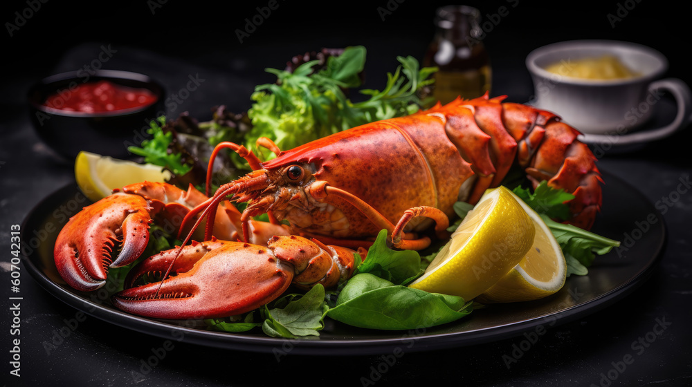 Lobster with lemon and herbs on rustic wooden background. Generative AI Lobster with lemon and herbs on rustic wooden background. Generative AI