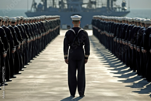 Fotografiet commander reviewing military navy troops in formation