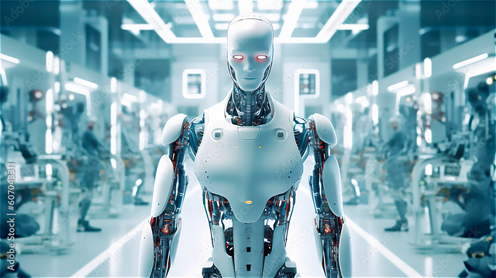 a freshly built human looking robot stands in a workshop where robots are built, generative AI a freshly built human looking robot stands in a workshop where robots are built, generative AI