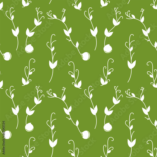 Seamless pattern of pea sprouts on a green background. Vector illustration for decoration, postcards, print, fabric