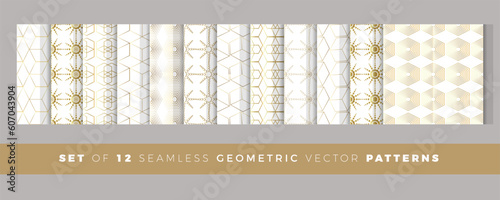 Set of 12 geometric seamless patterns. Collection of vector white and gold patterns for textiles, wallpaper, wrapping paper, packaging.