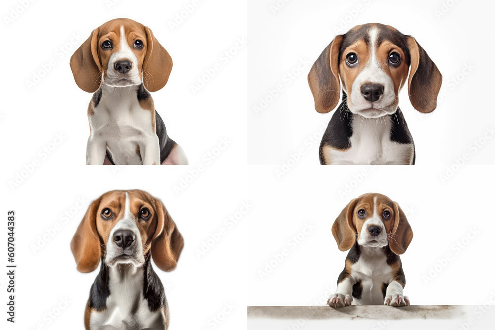 Collection frame beagle puppies isolated on white background with Ai Generated