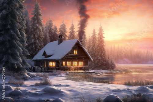 house on the lake in snow mountain and pine forest at twilight sunrise with Ai Generated.