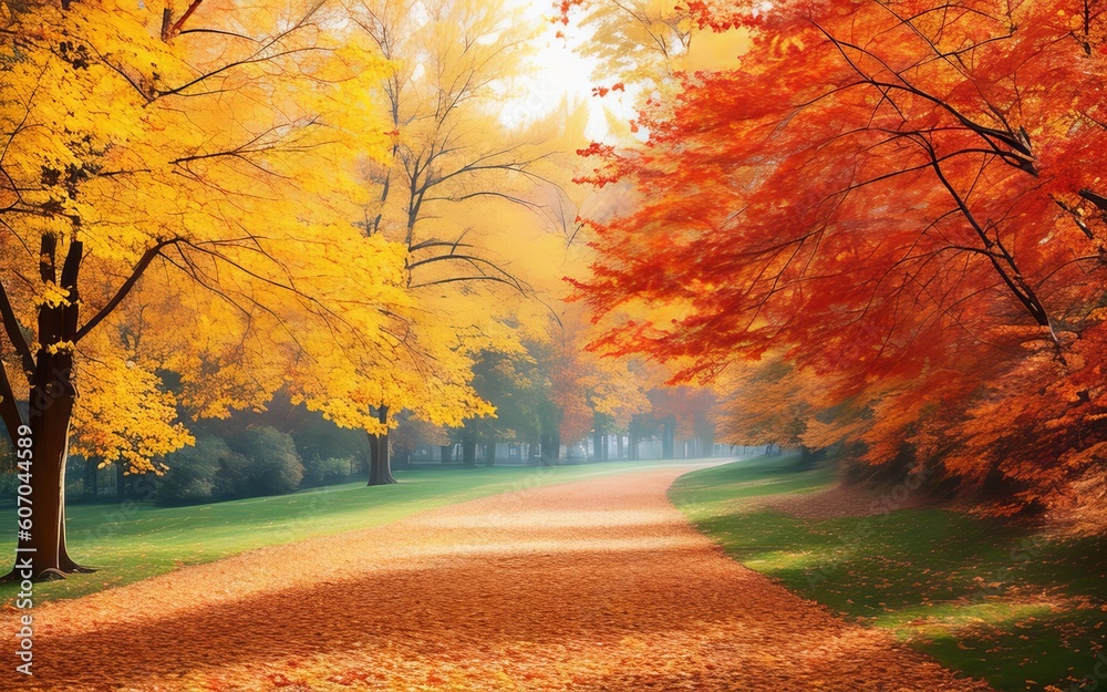 Graceful Trees, Golden Leaves, and Petals in a Serene Pathway. Generative AI.