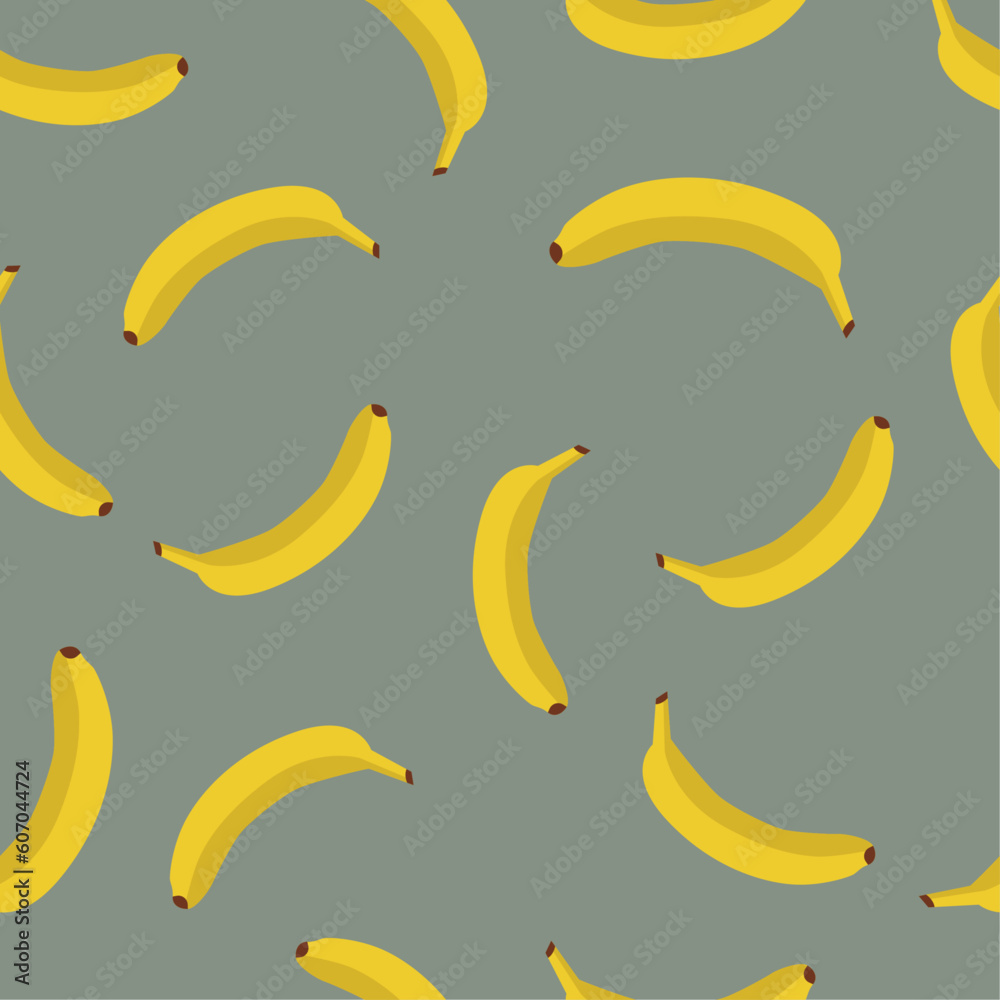 Summer banana fruit seamless pattern of cute yellow banana with green background. Cartoon banana seamless summer pattern in flat design for kids. Design for package and illustration for print