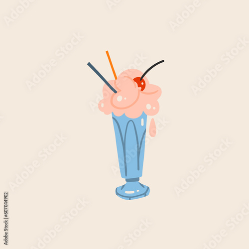Drawn vector abstract doodle cartoon sweet ice cream drink milkshake cocktail with whipped cream in glass illustration, isolated.Sweet vector milkshake tasty dessert menu element. Summer ice drink.