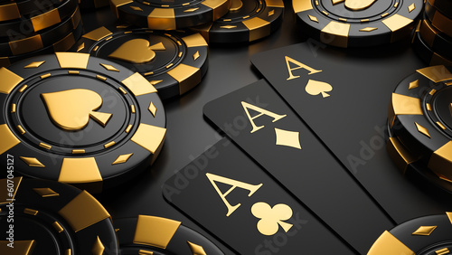 Casino game poker card playing gambling chips black and gold style banner backdrop background Concept. 3d rendering.