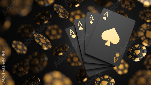 Casino game poker card playing gambling chips black and gold style banner backdrop background Concept. 3d rendering.