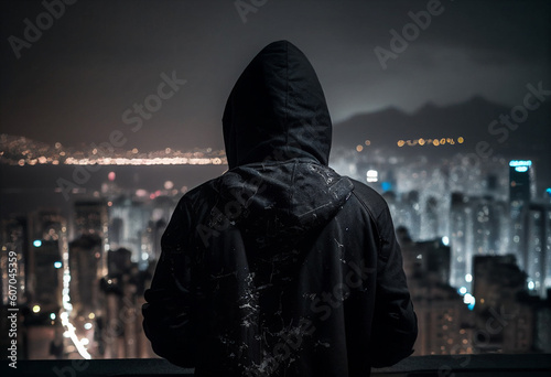 A man in a hood looks at the city at night. AI Generated