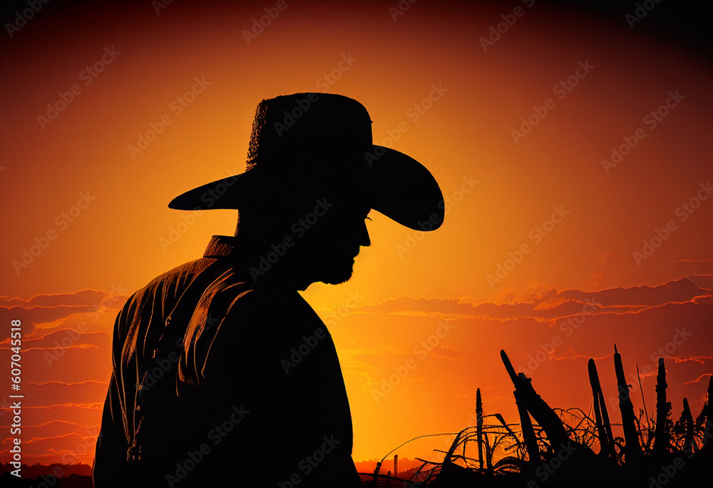 Silhouette of a farmer in a field at sunset. AI Generated
