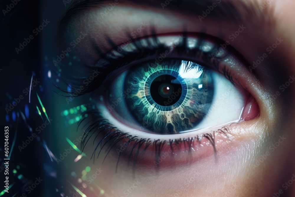 Person's eye fills the frame, computer-generated overlay. Generative AI Person's eye fills the frame, computer-generated overlay. Generative AI