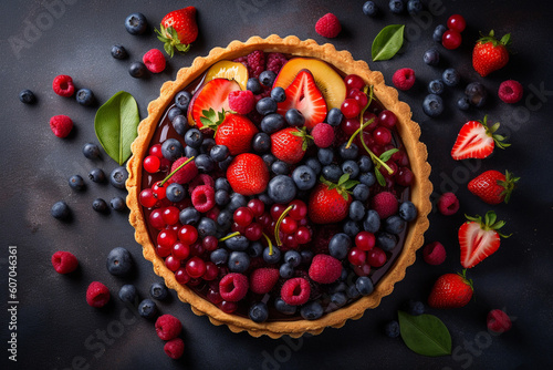 Festive Fruit Tart with Fresh Berries, Flat Lay Shot, created with Generative AI