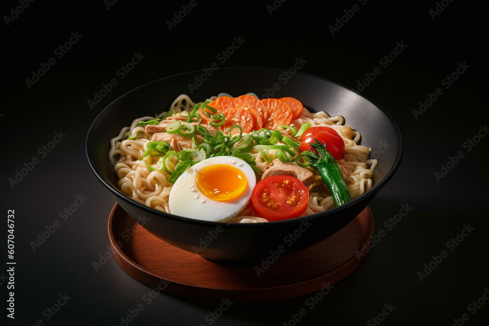 Classic Japanese noodle ramen bowl on dark background. Asian food. Generative AI content
