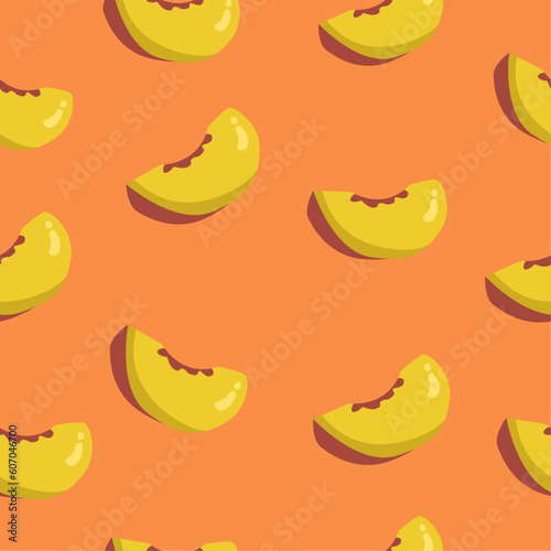 Summer bright fruit seamless pattern of cute juicy peach with orange background. Cartoon peach wedge seamless summer pattern in flat design for kids. Design for package and illustration for print