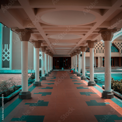 Islamic, Center Mosque in Balikpapan Indonesia, with Unique Umbrella Canopy that resemblance Nabawi Mosque in Medina Saudi Arabia