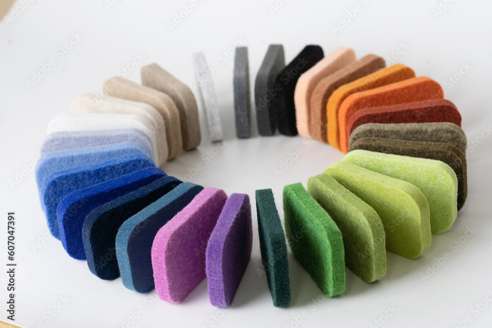 Samples of acoustic polyester material in different colors - obrazy, fototapety, plakaty 