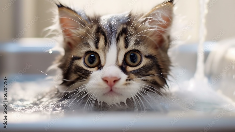 Little grey cute kitten bathes in a bubble bath. Generative AI