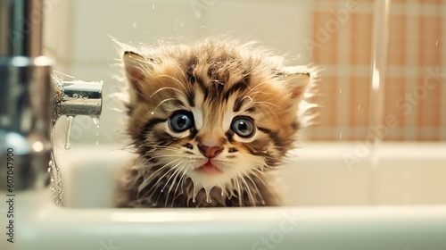 Little grey kitten with big eyes bathes in a bubble bath. Generative AI