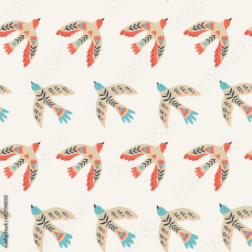 Vector seamless pattern with birds in folklore style on beige background. Doves of peace. Doodle illustrations with stylized decorative floral elements. For textiles, clothing, bed linen.