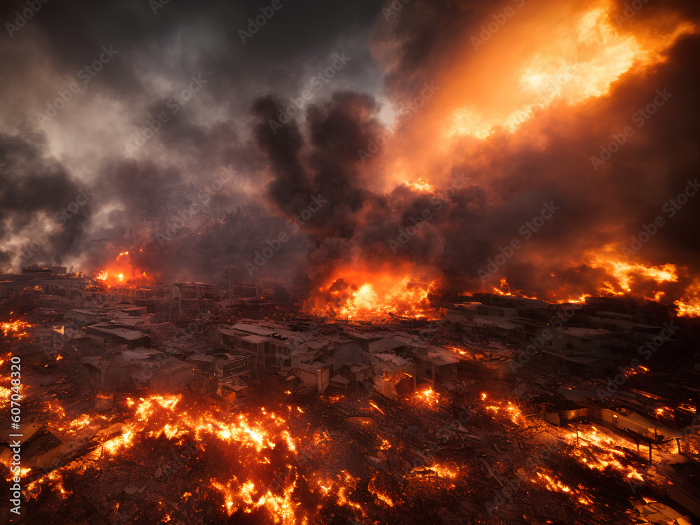 Photo of explosion, apocalyptic night landscape