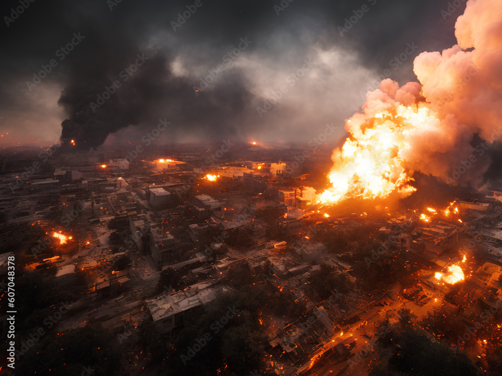 Photo of explosion in the city, apocalyptic night landscape, house destruction and burning cars, top view