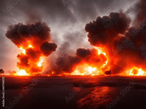 Photo of explosion in the city, night landscape, burning clouds of smoke