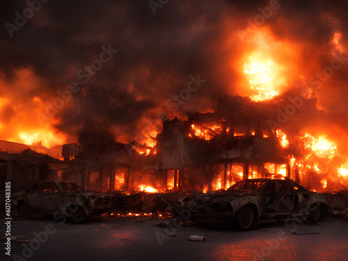 Photo of explosion in the city, apocalyptic night landscape, house destruction and burning cars, close-up
