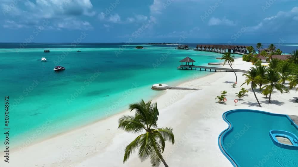 The Tropical aerial view with maldives paradise scenery seascape with water villas as amazing sea and lagoon beach, Exotic tourism	