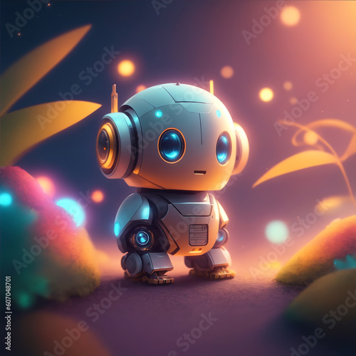 A robot with a blue face stands in a garden generative ai photo