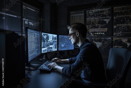 Programmer working at their computer, surrounded by monitors displaying code. Generative AI