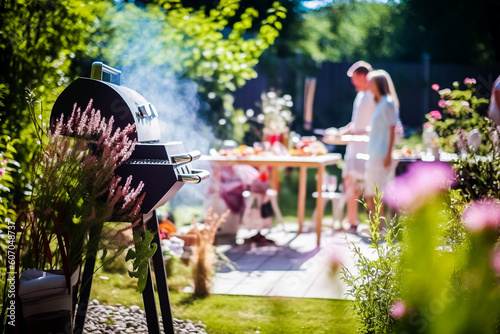 Barbecue en famille ou entre amis, dans le jardin en été - Générative IA