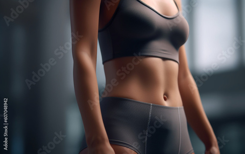 A woman showing her slim waist. Beautiful slim woman body in sportswear. copy space, Generative AI