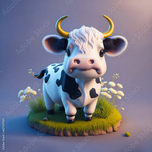 A black and white cartoon cow with horns standing on a flower field generative ai photo