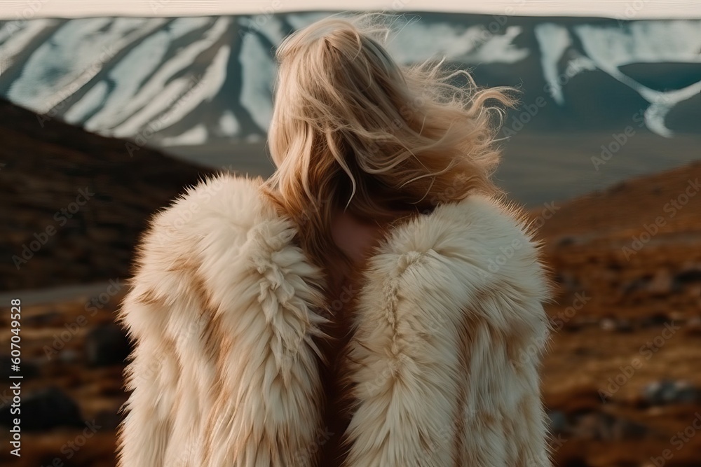rear view. of a girl in an artificial fur coat against the background of animals in a meadow. the concept of animal protection. Generative AI rear view. of a girl in an artificial fur coat against the background of animals in a meadow. the concept of animal protection. Generative AI