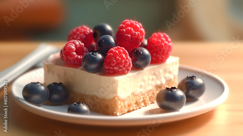 Cheesecake piece with wild berries on top AI generated