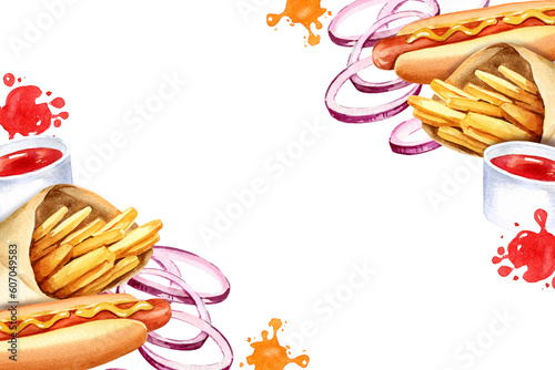 watercolor frame with fast food, hand drawn illustration of slises of onion, hot dog, salad and fried potatoes, red sause and different splashes isolated on white background