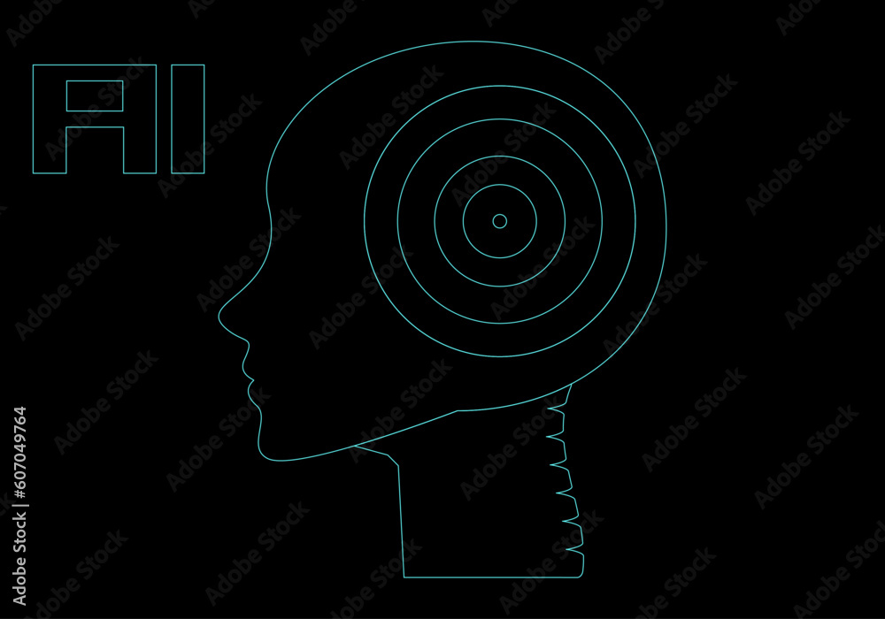 IA. Inteligencia artificial. Perfil de la cabeza de un robot de inteligencia artificial en trazo azul brillante sobre fondo negro IA. Inteligencia artificial. Perfil de la cabeza de un robot de inteligencia artificial en trazo azul brillante sobre fondo negro