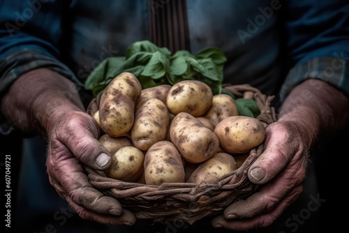 farmer's hands hold potato harvest. Farming and planting concept. Generative AI