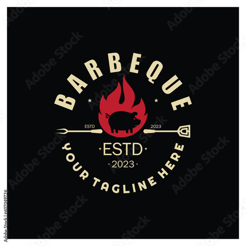 Smoke and BBQ Barbecue Vintage hot grill, with crossed flames and spatula. Logo for restaurant, badge, cafe and bar.vector