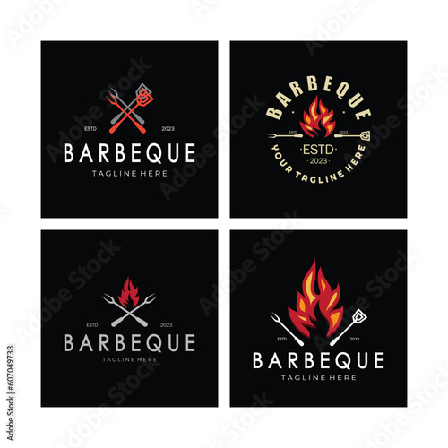 Smoke and BBQ Barbecue Vintage hot grill, with crossed flames and spatula. Logo for restaurant, badge, cafe and bar.vector