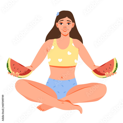 A young woman in a swimsuit eats a watermelon. Summer girl. Cartoon vector illustration