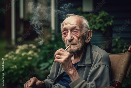 elderly retired man smokes a cigarette on retirement in chair on porch of house in village. Generative AI