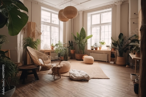 Cozy eco-house with room with rattan chairs, jute rugs on the floor and giant Monstera Deliciosa plant. Natural sustainable materials in eco-friendly interior design, generative AI