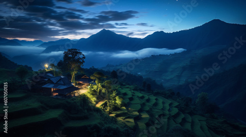 Night scene of a scenic landscape with mountains and grassland