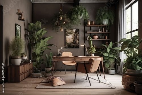 interior office space a modern corner of the office with plants, in the style of photorealistic pastiche, light brown and bronze, cottage core, captures the essence of nature, generative AI © Kien