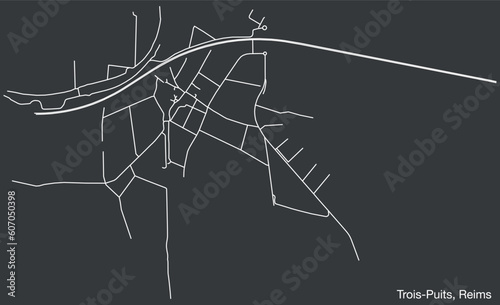 Detailed hand-drawn navigational urban street roads map of the TROIS-PUITS COMMUNE of the French city of REIMS, France with vivid road lines and name tag on solid background