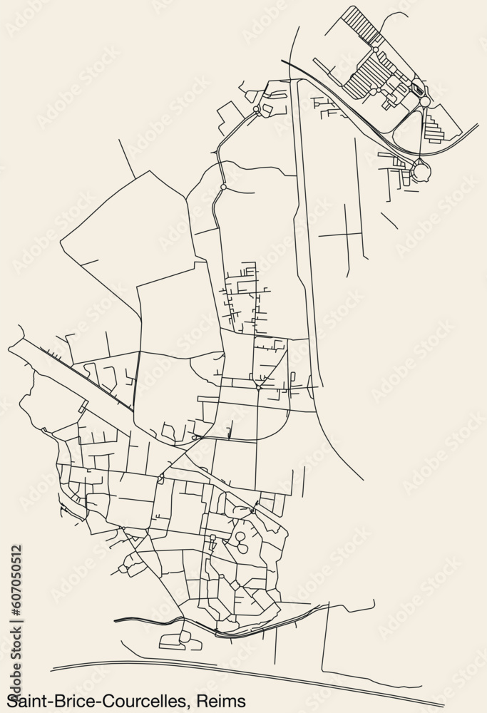 Detailed hand-drawn navigational urban street roads map of the SAINT-BRICE-COURCELLES COMMUNE of the French city of REIMS, France with vivid road lines and name tag on solid background