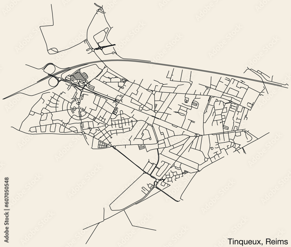 Detailed hand-drawn navigational urban street roads map of the TINQUEUX COMMUNE of the French city of REIMS, France with vivid road lines and name tag on solid background